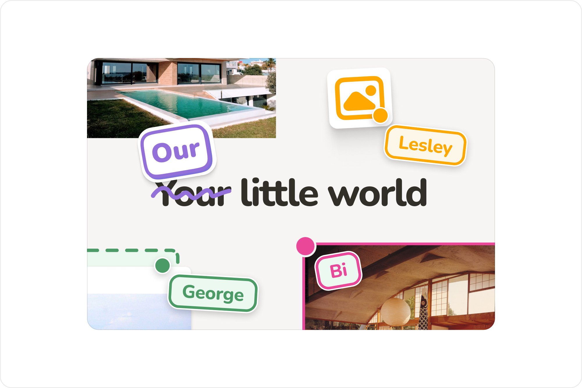 Sail board with images and named cursors over the headline Our little world