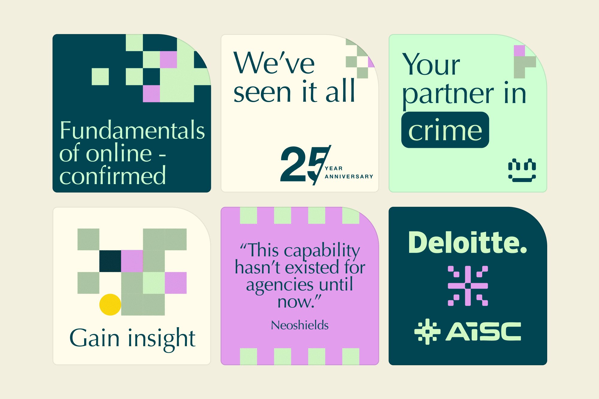 Grid of AiSC Scorecard social tiles with bold headlines and pixel motifs