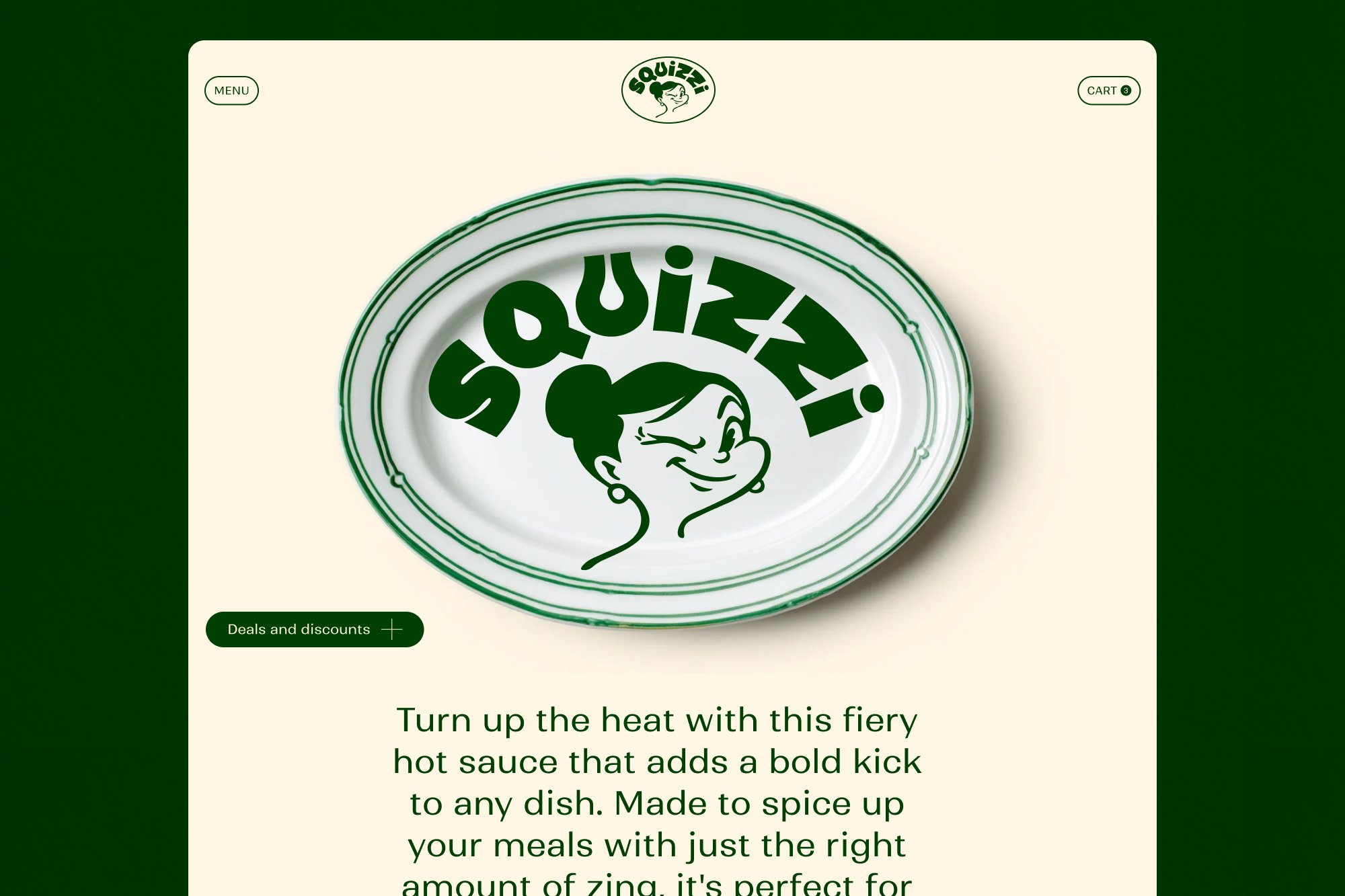 Squizzi ecommerce landing page showing a branded plate and product copy