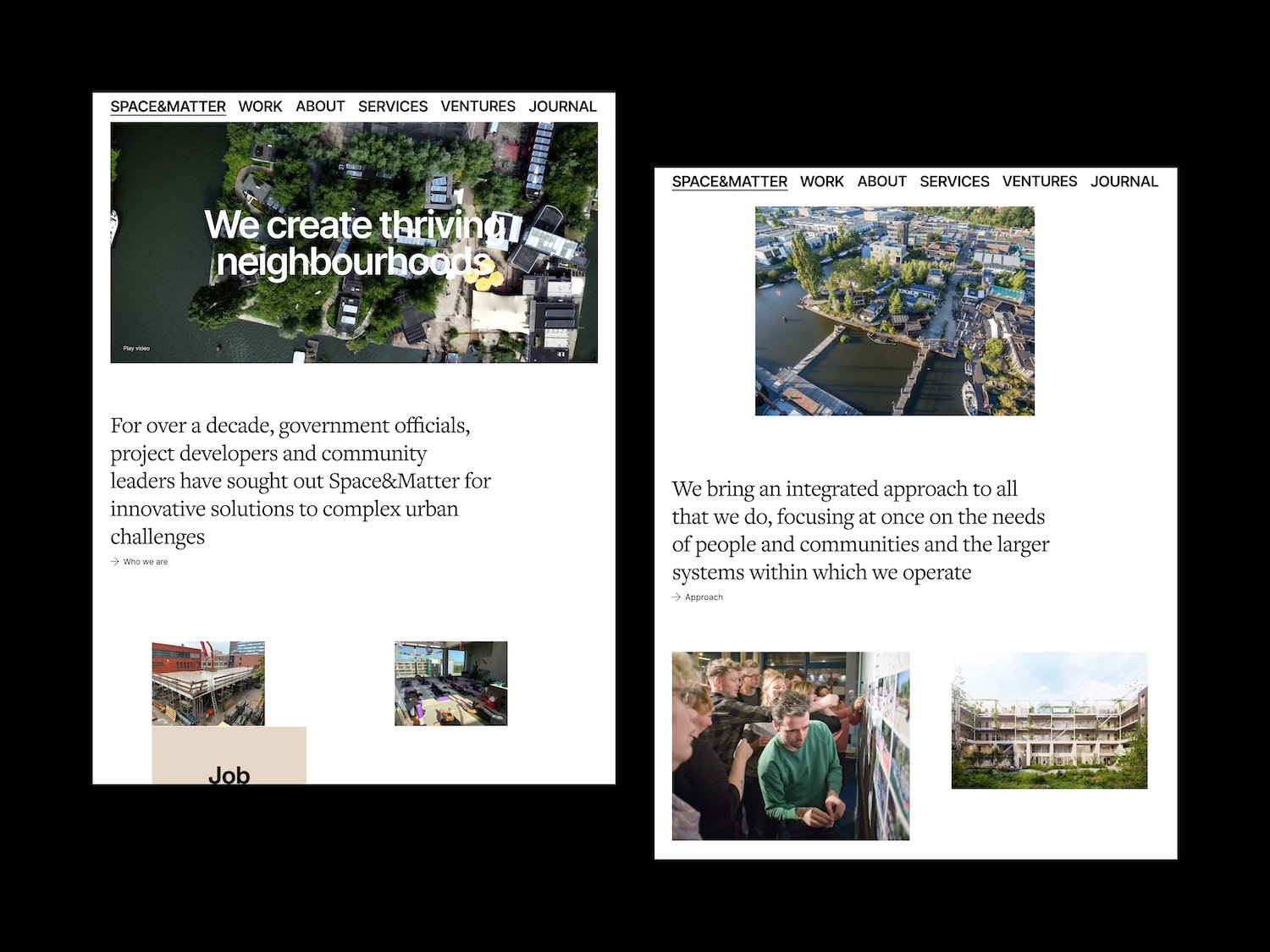 Space&Matter homepage and about page shown on two device frames