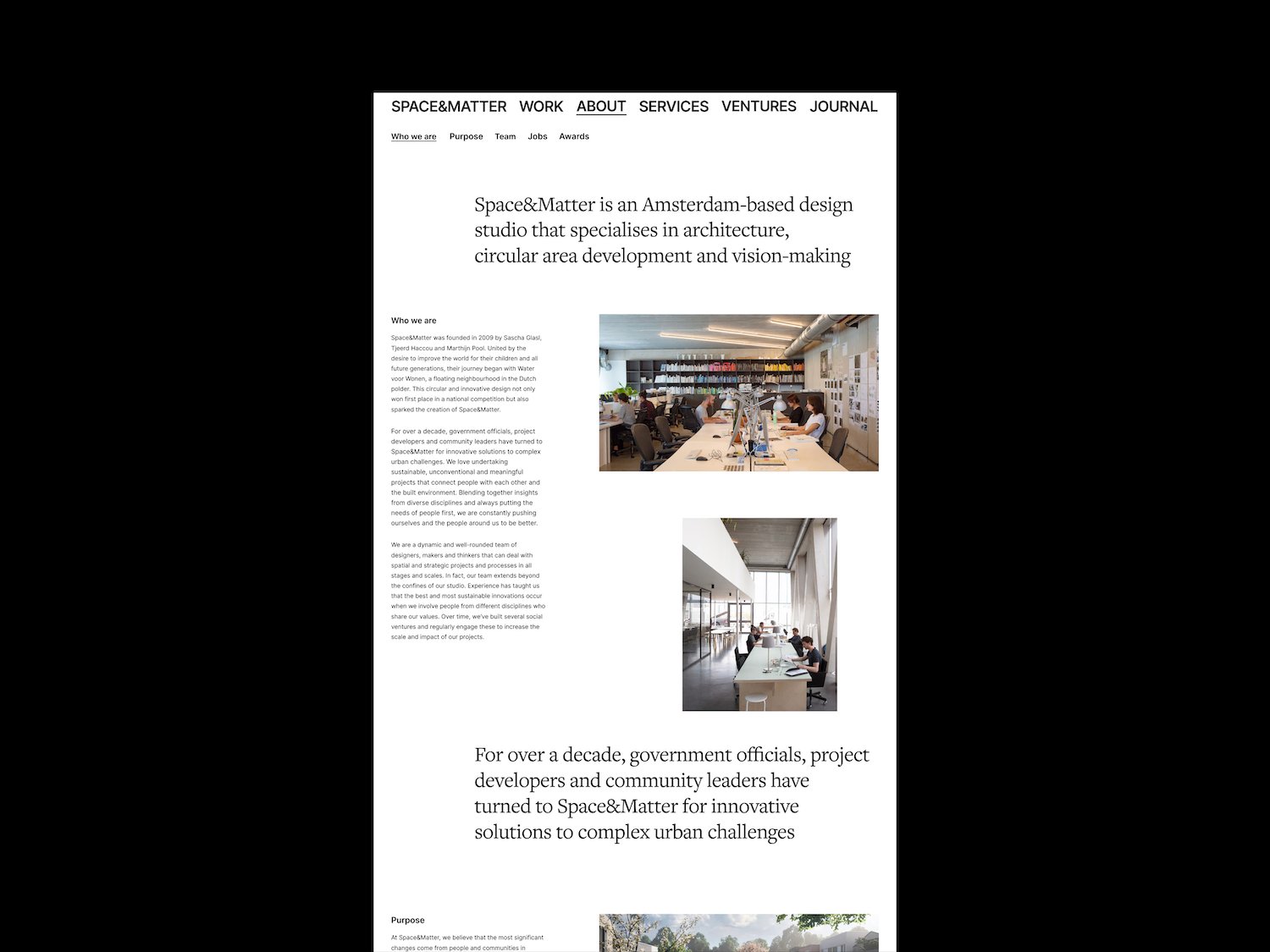 Space&Matter about page with studio photo and intro headline