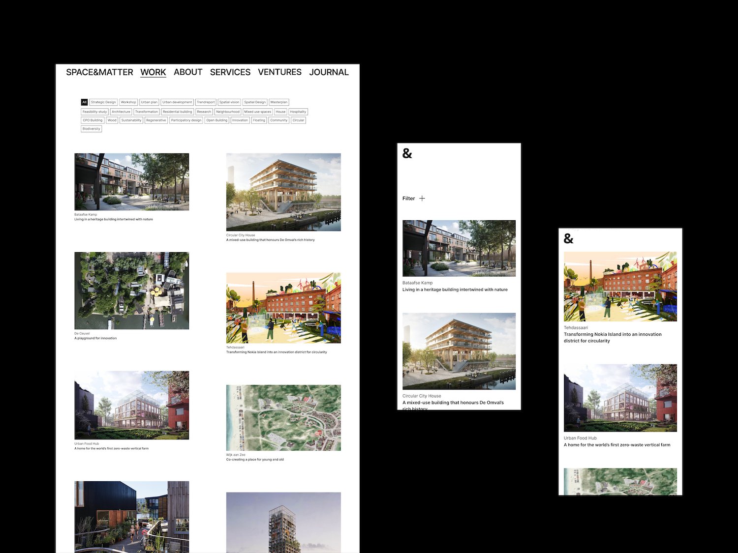 Space&Matter work page showing a grid of architecture projects