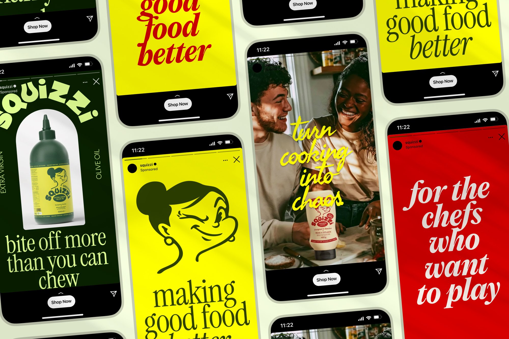 Grid of Squizzi social ad mockups on phone screens
