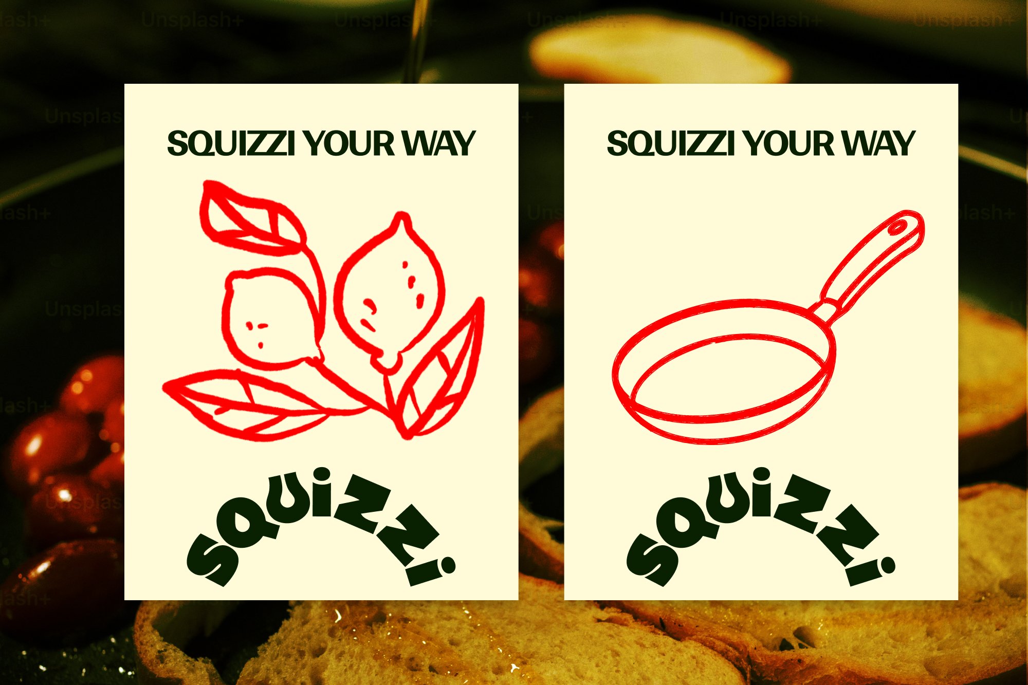 Two Squizzi Your Way posters with hand-drawn lemon and pan illustrations