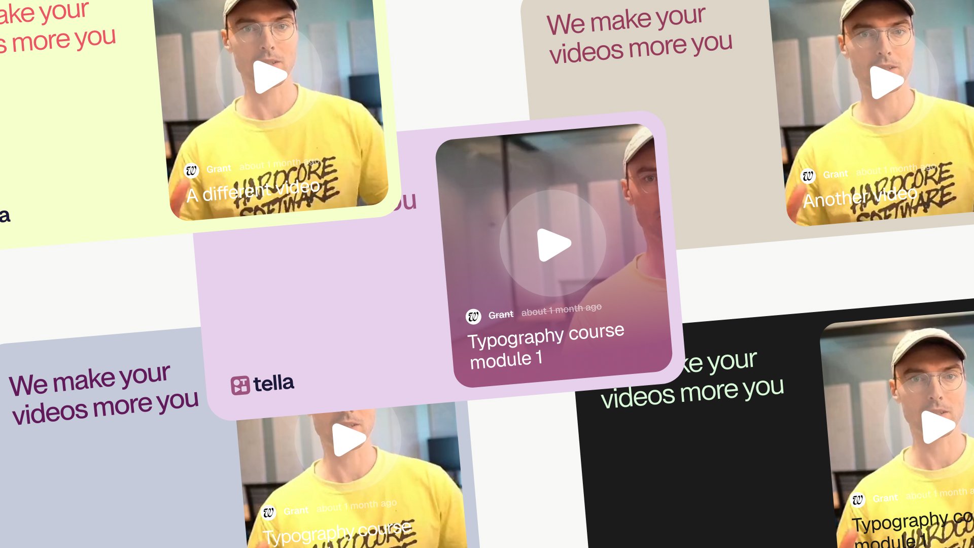 Rotated grid of Tella video cards reading we make your videos more you