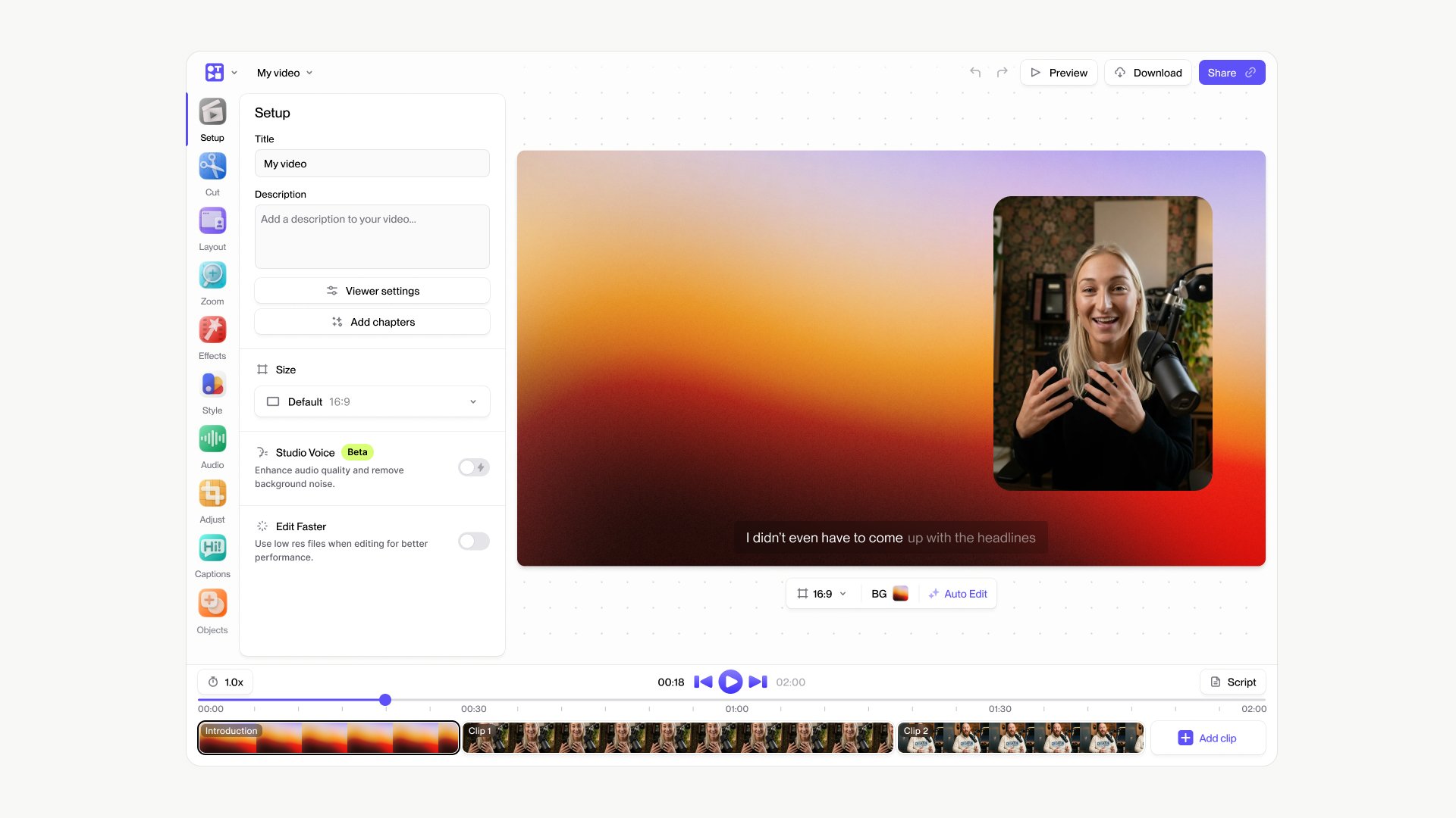 Tella video editor interface with the Setup panel, gradient background canvas, webcam clip and the clip timeline