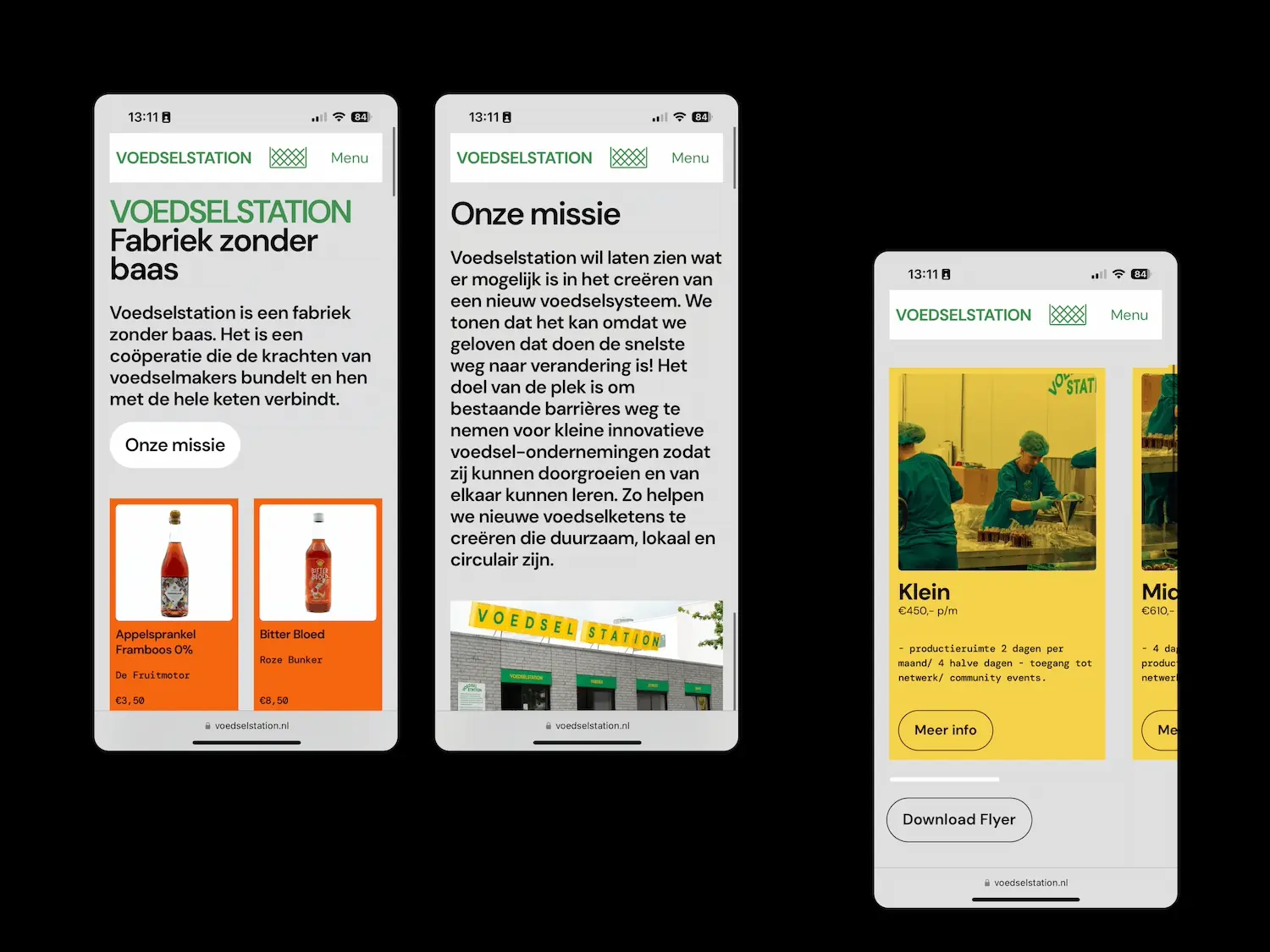 Voedselstation site shown on three mobile screens