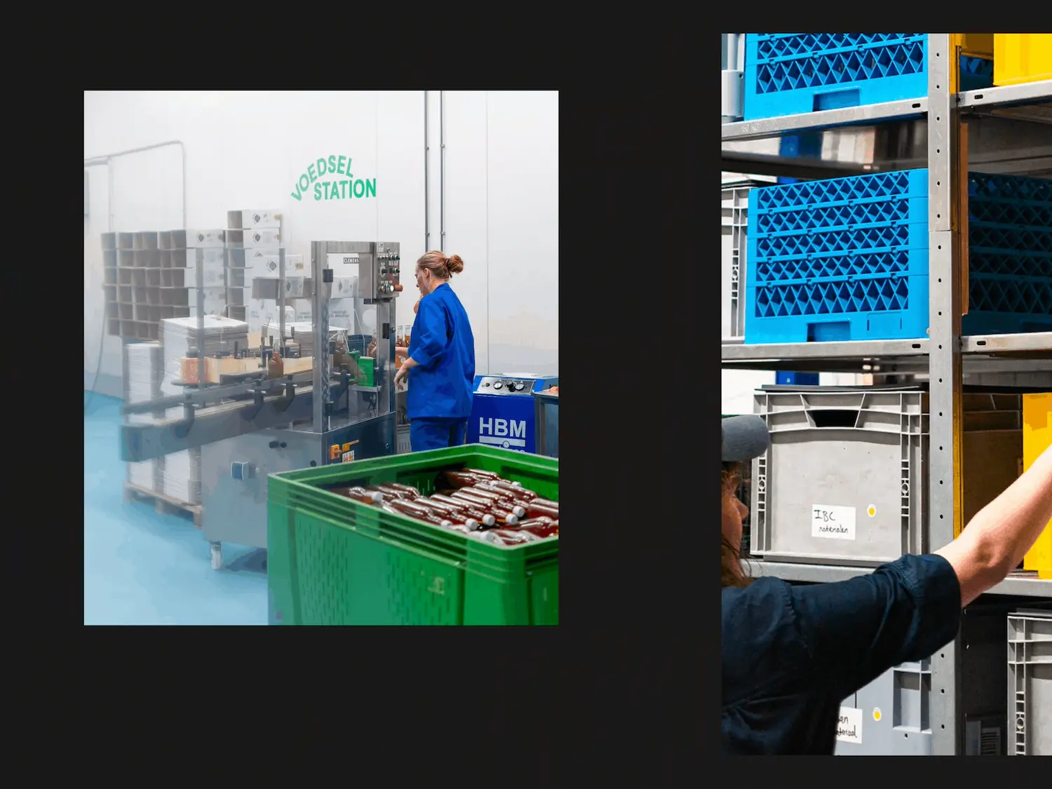 Workers and green crates inside the Voedselstation factory
