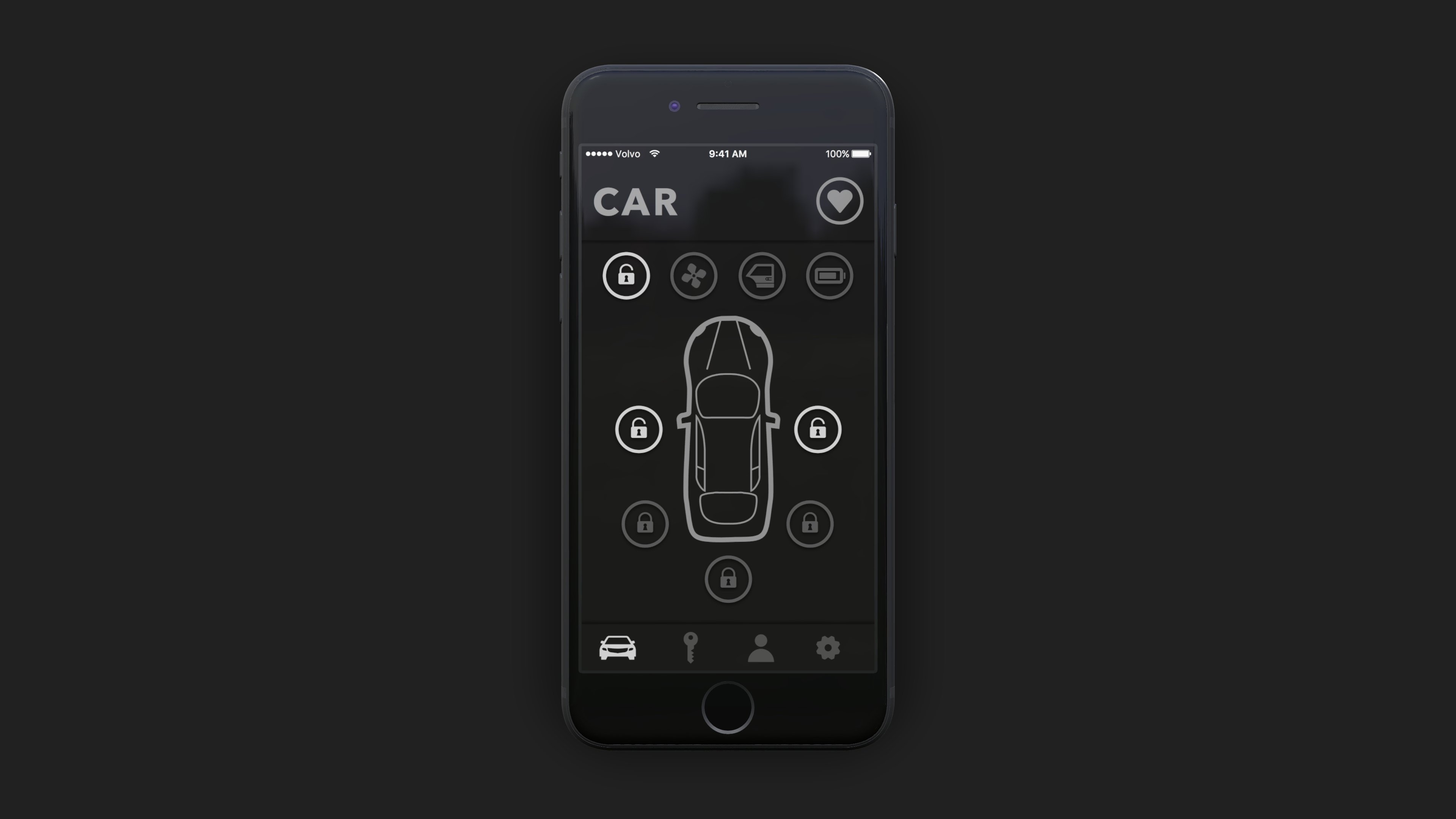 Volvo App car control screen with lock icons around a vehicle outline