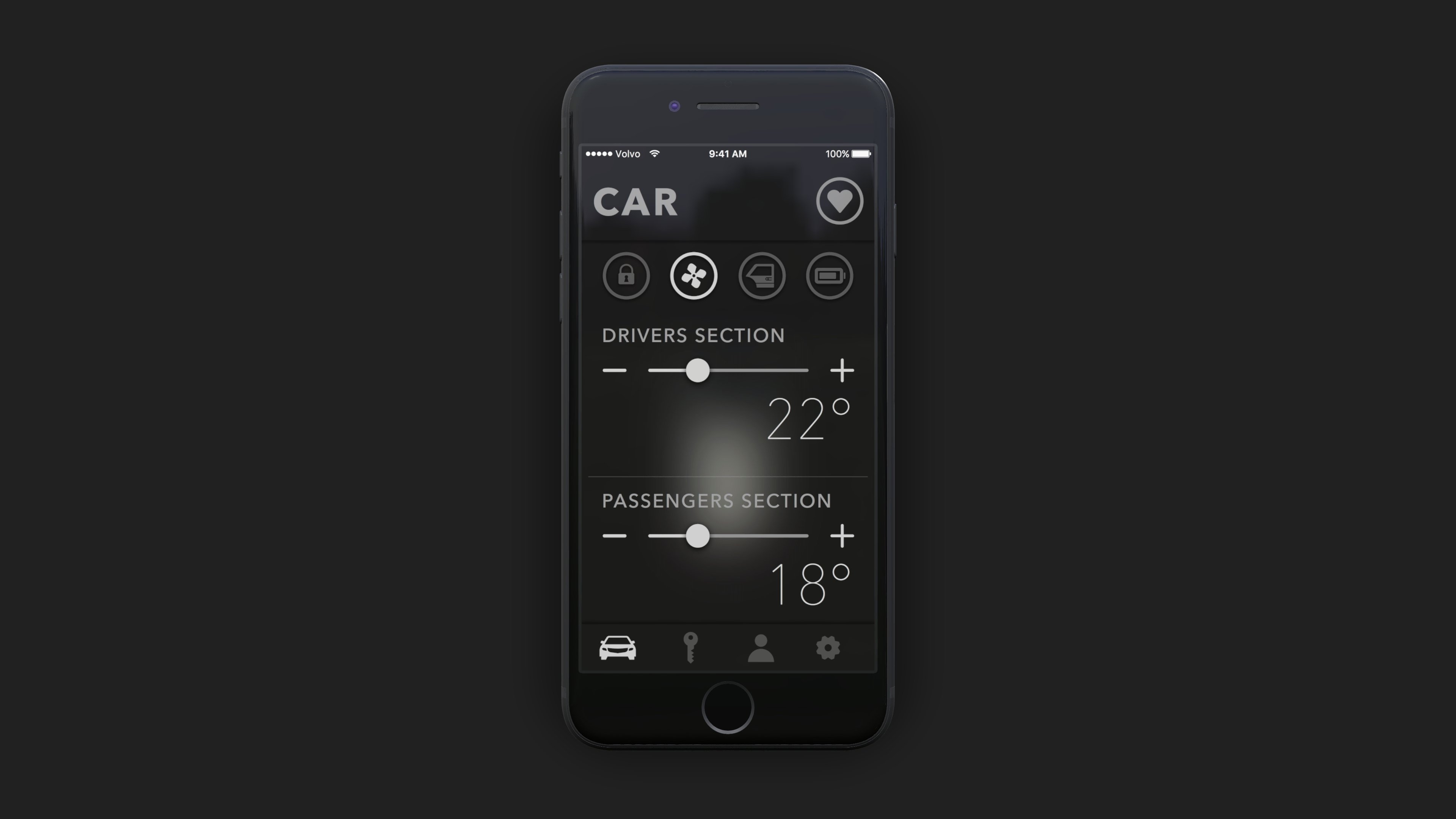 Volvo App climate screen with driver and passenger temperature sliders