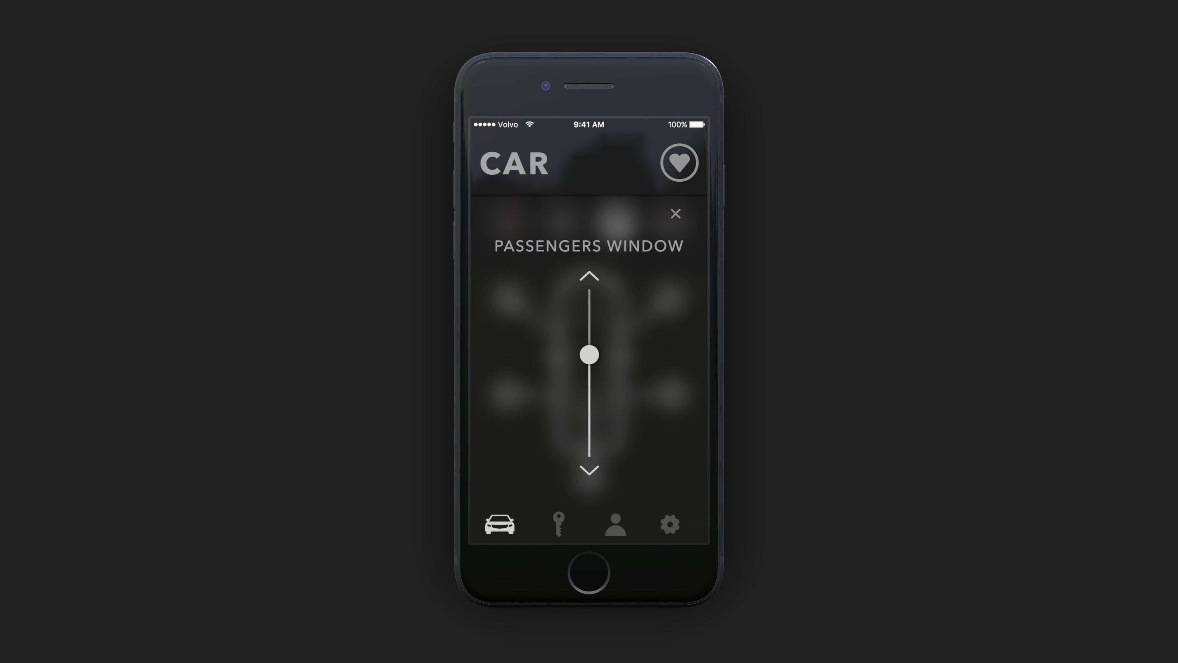 Volvo App passengers window control screen with a vertical slider